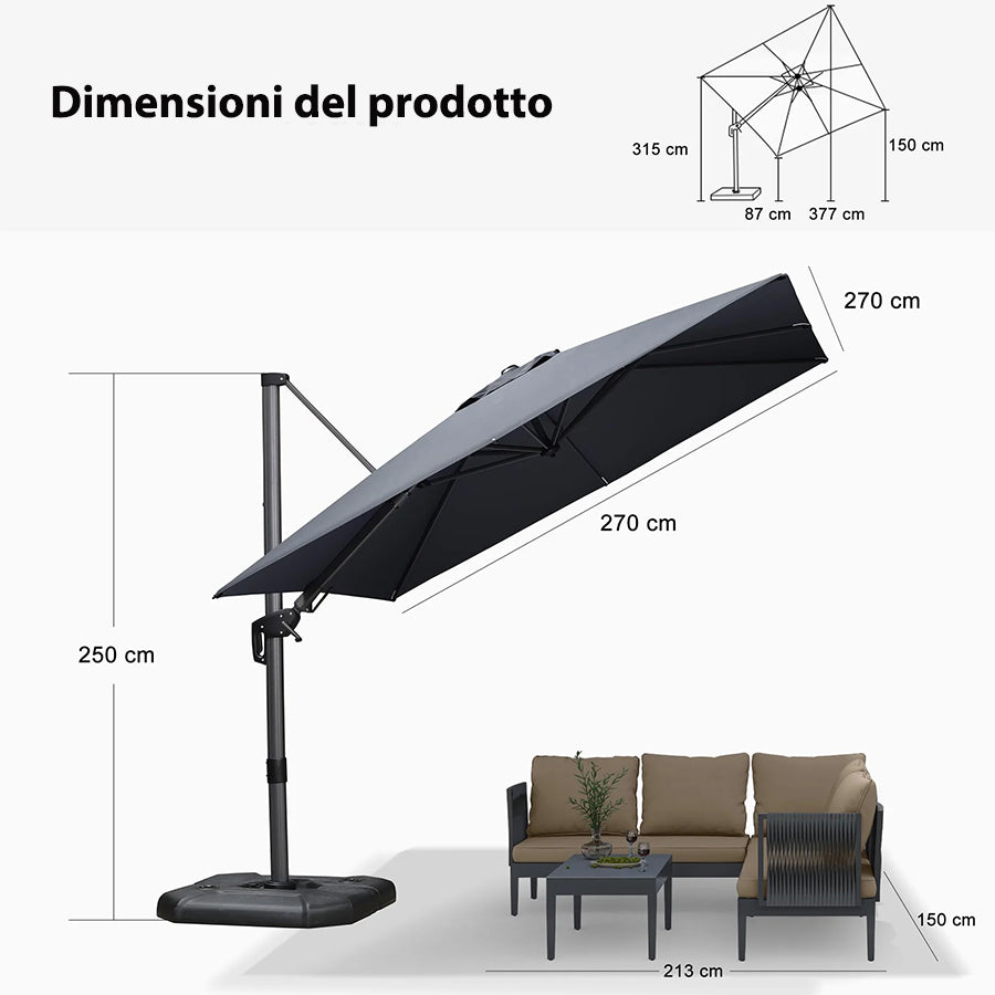 PURPLE LEAF Ombrellone da Giardino Quadrato inclinabile economico ,con Base