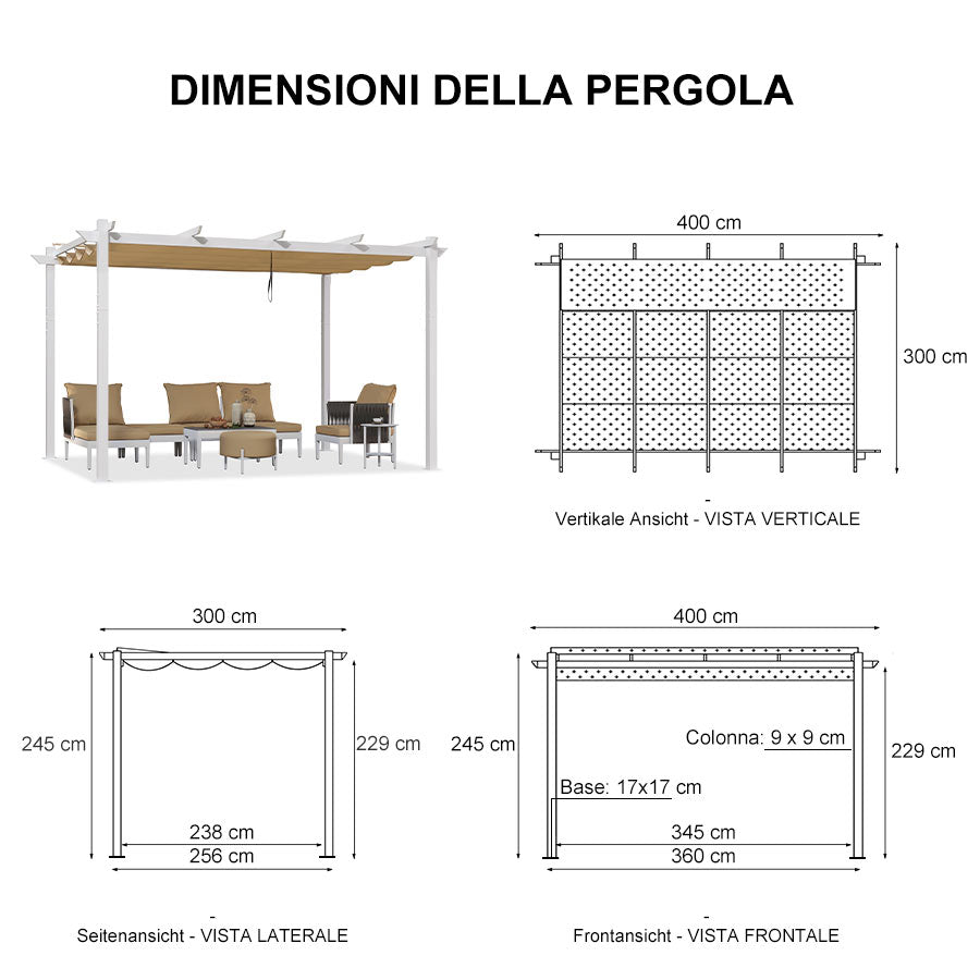 PURPLE LEAF Pergola Retrattile da Esterno con Doppio Parasole in Alluminio Resistente Bianco per Patio Terrazza Giardino Moderno