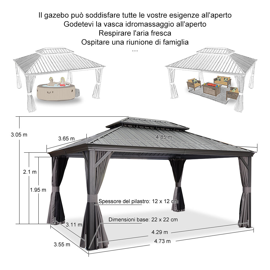 PURPLE LEAF Alluminio Gazebo Giardino con Zanzariere e Tende Tetto Doppio in Acciaio Galvanizzato, Grigio