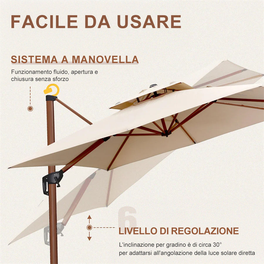 PURPLE LEAF Ombrellone in Alluminio Quadrato Doppio Top in colore legno