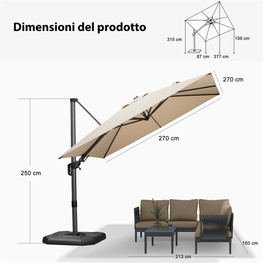 PURPLE LEAF Ombrellone da Giardino Quadrato inclinabile economico ,con Base