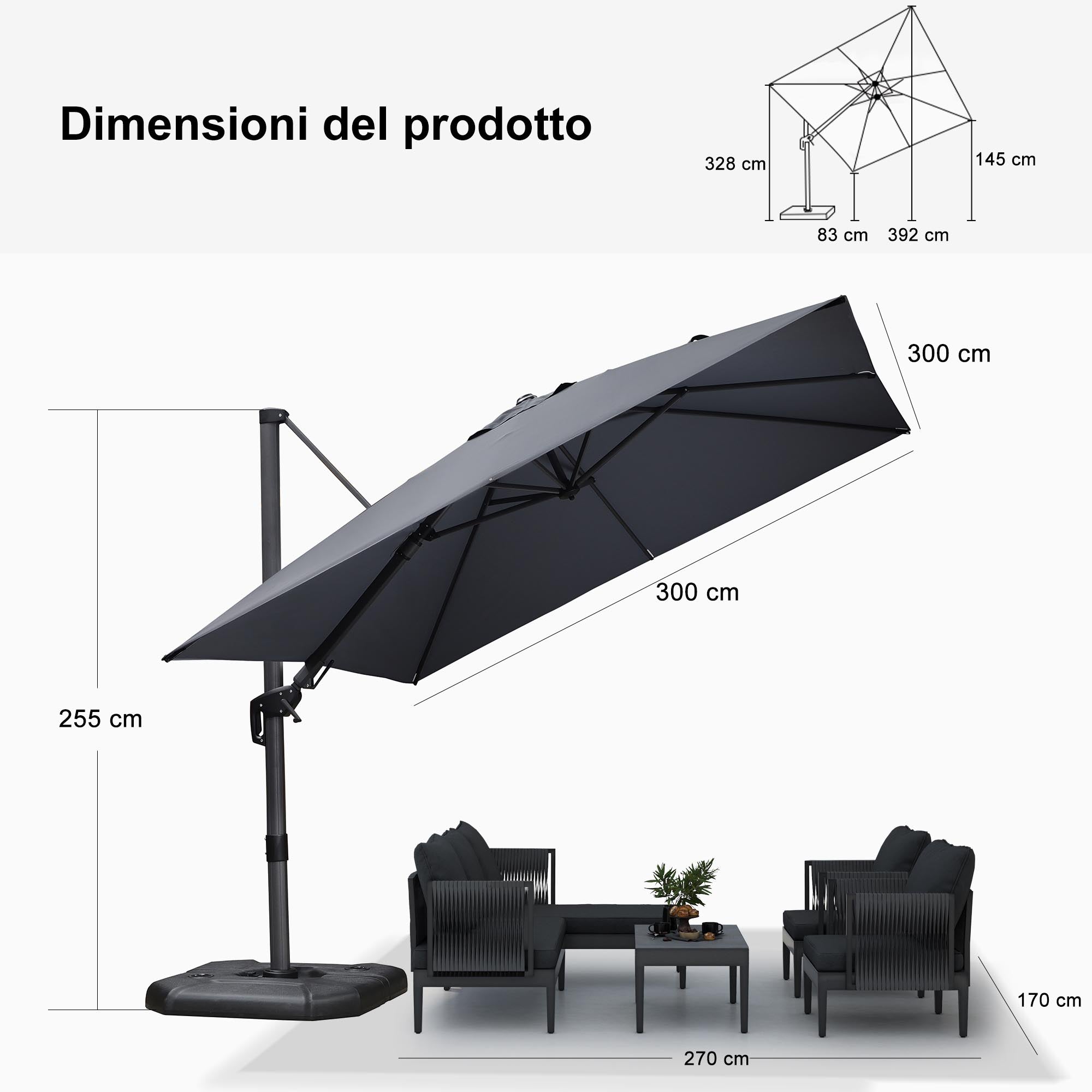 PURPLE LEAF Ombrellone da Giardino Quadrato inclinabile economico ,con Base