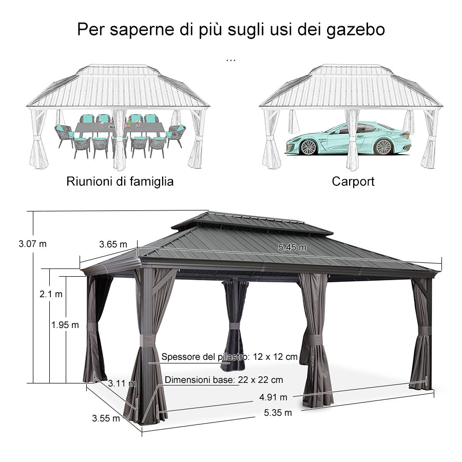 PURPLE LEAF Alluminio Gazebo Giardino con Zanzariere e Tende Tetto Doppio in Acciaio Galvanizzato, Grigio