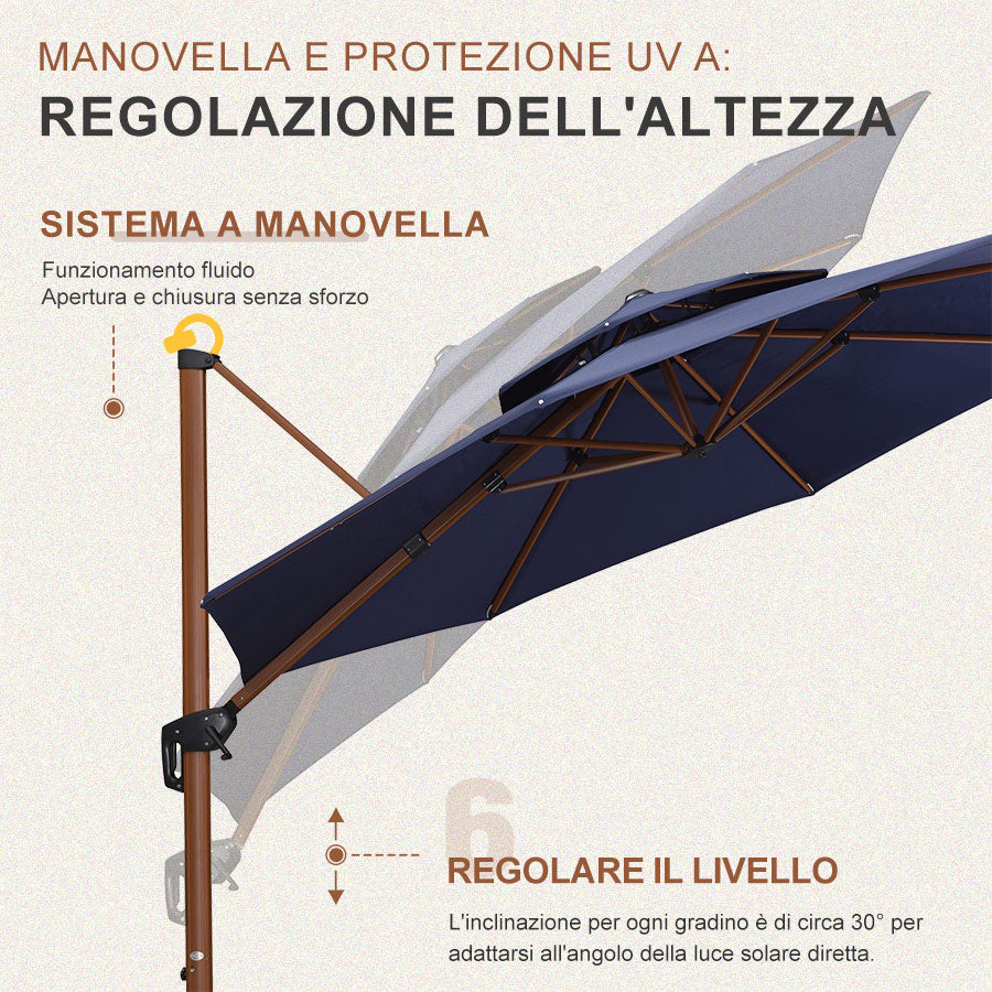 PURPLE LEAF Ombrellone Doppio Top rotondo in alluminio colore legno