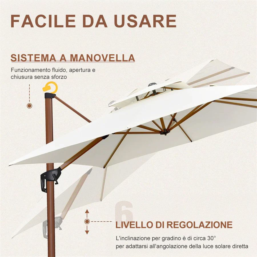 PURPLE LEAF Ombrellone in Alluminio Quadrato Doppio Top in colore legno