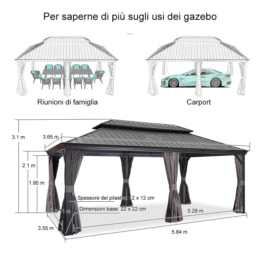 PURPLE LEAF Alluminio Gazebo Giardino con Zanzariere e Tende Tetto Doppio in Acciaio Galvanizzato, Grigio
