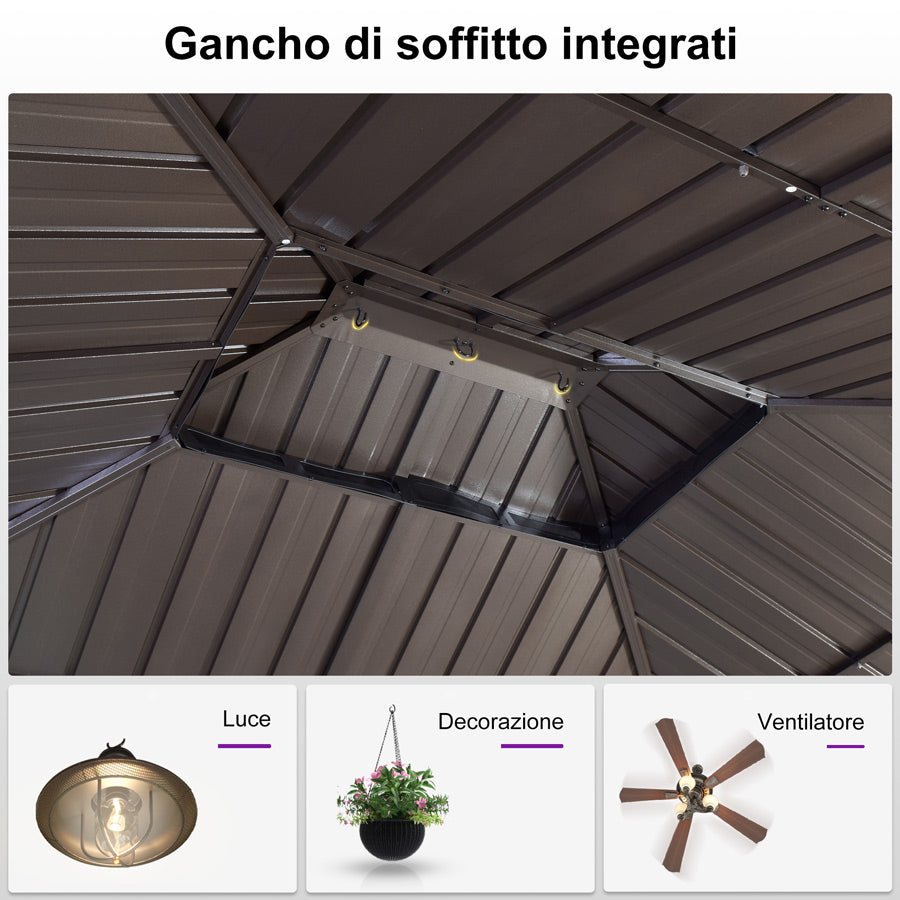 Purple Leaf Gazebo da Giardino Tetto Rigido in Bronzo Doppio Tetto in Acciaio Zincato Rete e Tende Catene Luminose Trasparenti
