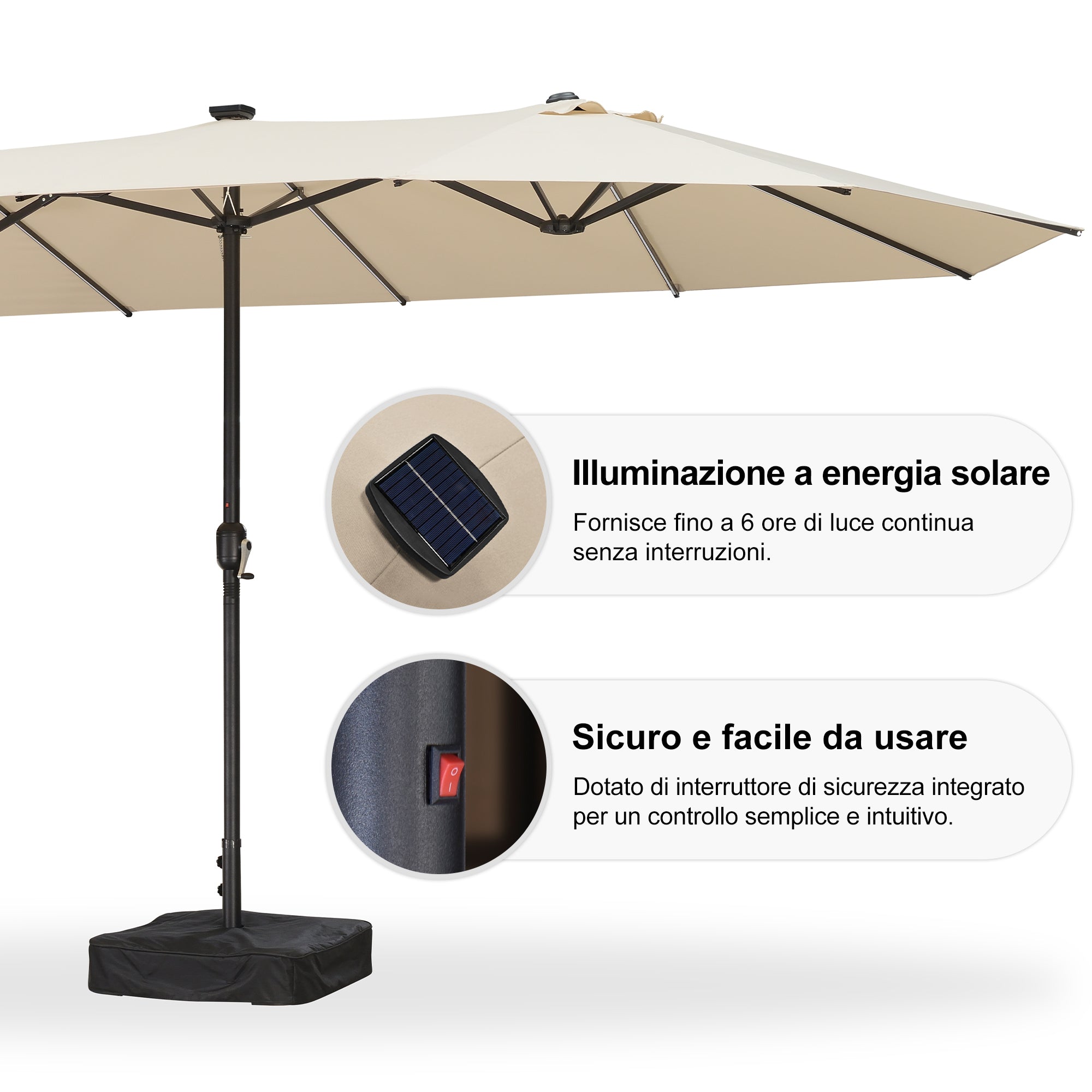 PURPLE LEAF Ombrellone doppio con illuminazione LED con base inclusa per esterni