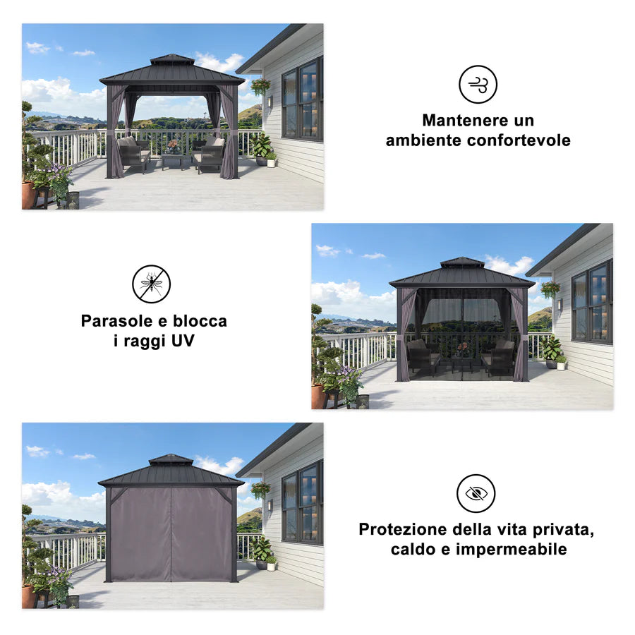 PURPLE LEAF Gazebo da Giardino Esterno,Tetto Doppio in Acciaio Galvanizzato, Resistente alla Corrosione, con Guirlanda Luminosa Trasparente, Modello Leggero - Grigio