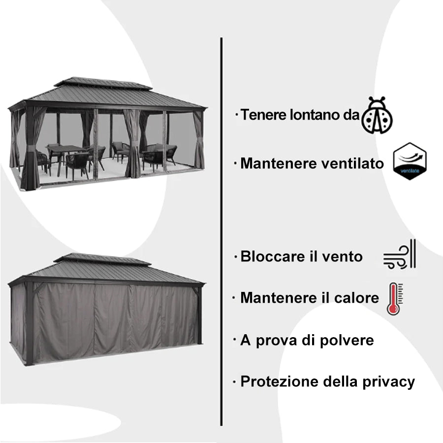 PURPLE LEAF Alluminio Gazebo Giardino con Zanzariere e Tende Tetto Doppio in Acciaio Galvanizzato, Grigio