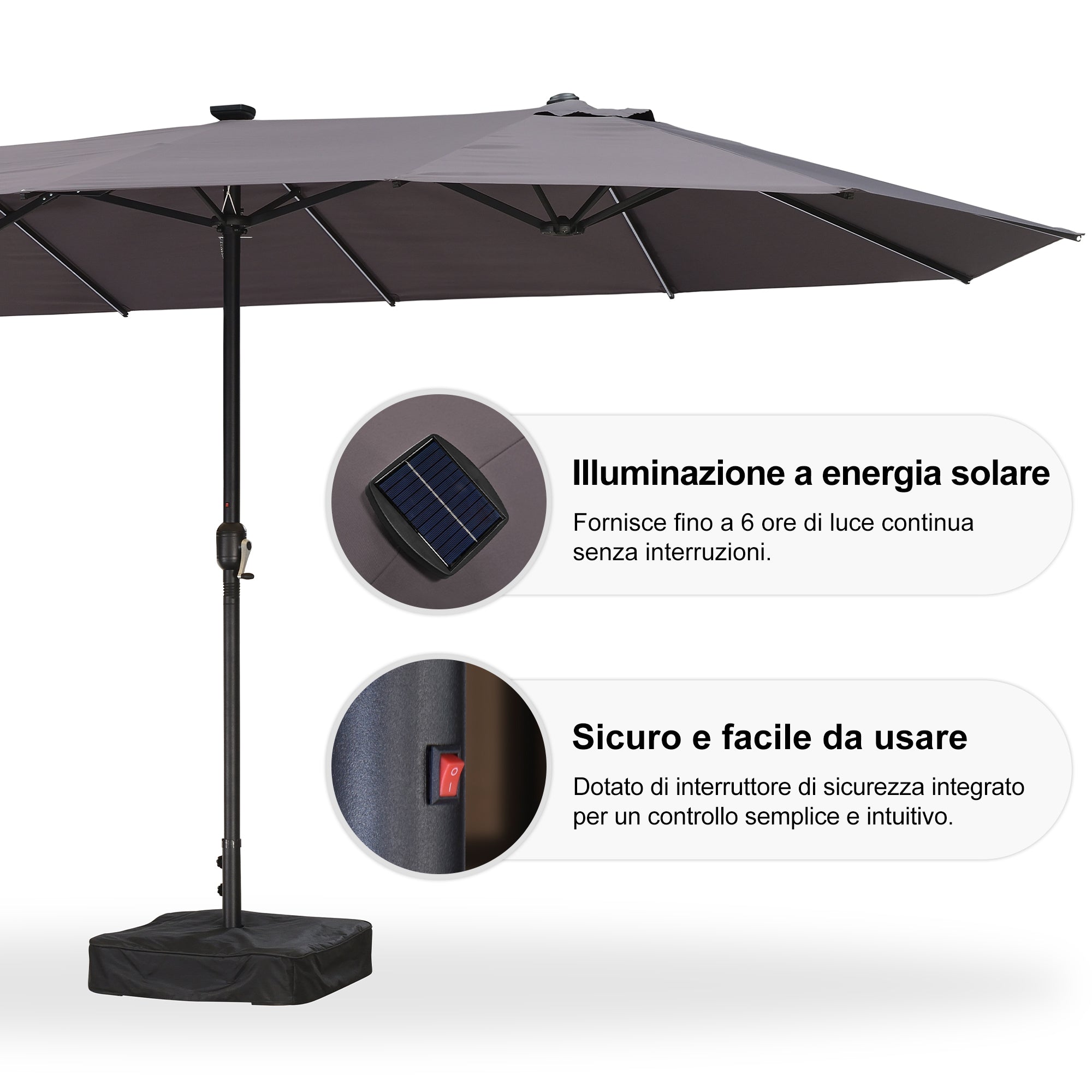 PURPLE LEAF Ombrellone doppio con illuminazione LED con base inclusa per esterni