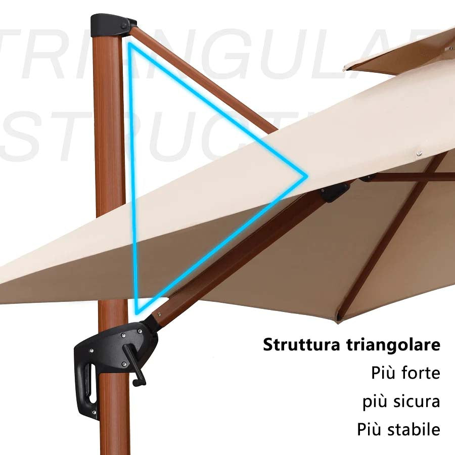 PURPLE LEAF Ombrellone in Alluminio Quadrato Doppio Top in colore legno