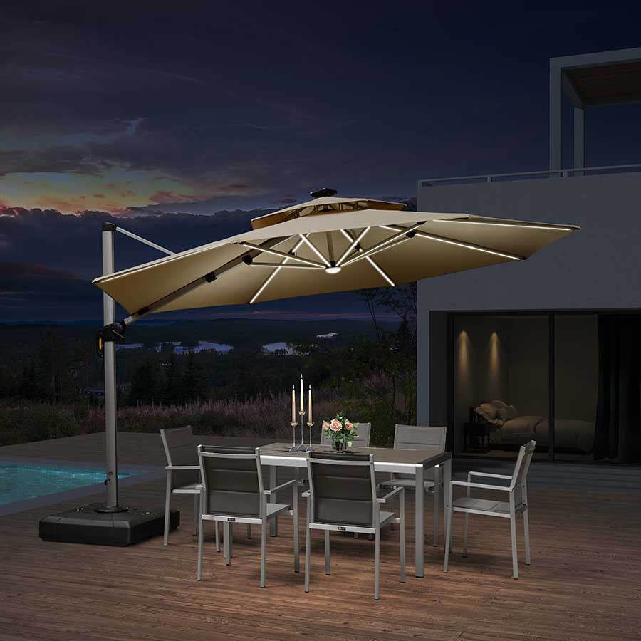 PURPLE LEAF Ombrellone Rotondo da Giardino , Doppio Top e Luci ,con Base