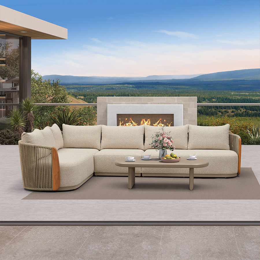 MC Hailar L-Shaped Patio Conversation Set with Genuine Teak Cushions and Pillows Olefin Rope Backrest Outdoor Couch Sets for Backyard Porch