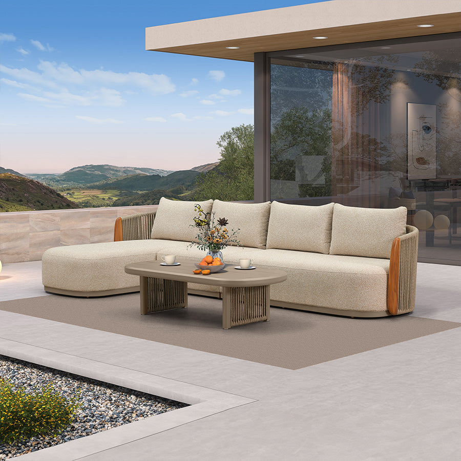 MC Hailar L-Shaped Patio Conversation Set with Genuine Teak Cushions and Pillows Olefin Rope Backrest Outdoor Couch Sets for Backyard Porch