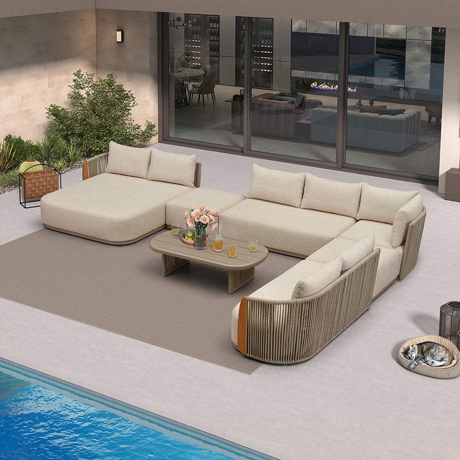 MC Hailar L-Shaped Patio Conversation Set with Genuine Teak Cushions and Pillows Olefin Rope Backrest Outdoor Couch Sets for Backyard Porch