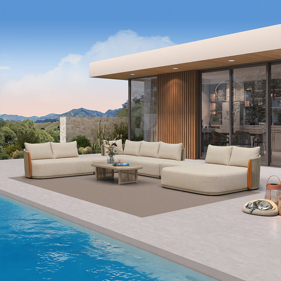 MC Hailar L-Shaped Patio Conversation Set with Genuine Teak Cushions and Pillows Olefin Rope Backrest Outdoor Couch Sets for Backyard Porch