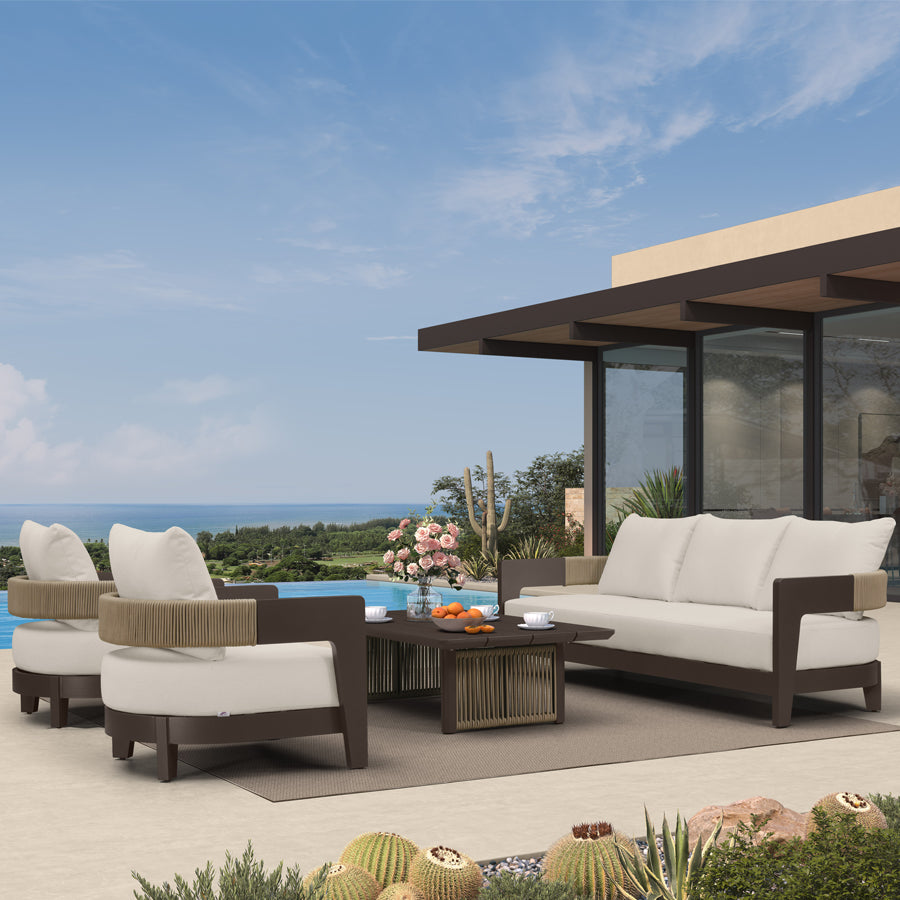 MC Tuscany U-Shaped Patio Conversation Set with Removable Cushions and Pillows Bronze Aluminum Frame Outdoor Couch Sets for Porch Yard Garden