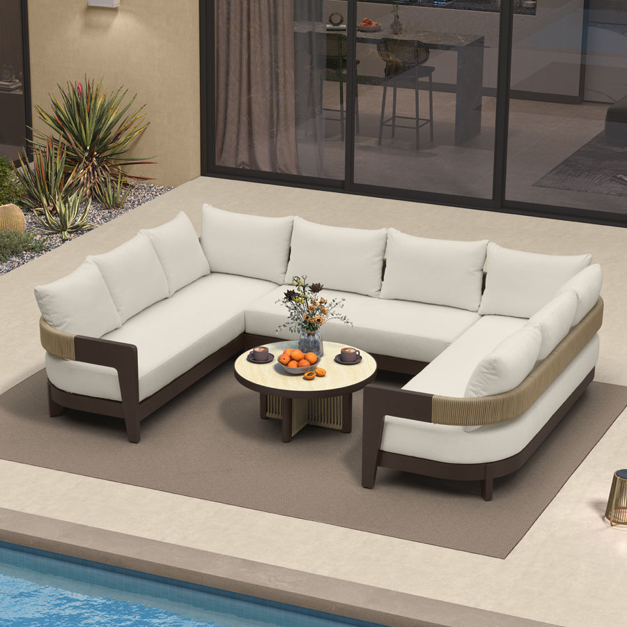 MC Tuscany U-Shaped Patio Conversation Set with Removable Cushions and Pillows Bronze Aluminum Frame Outdoor Couch Sets for Porch Yard Garden