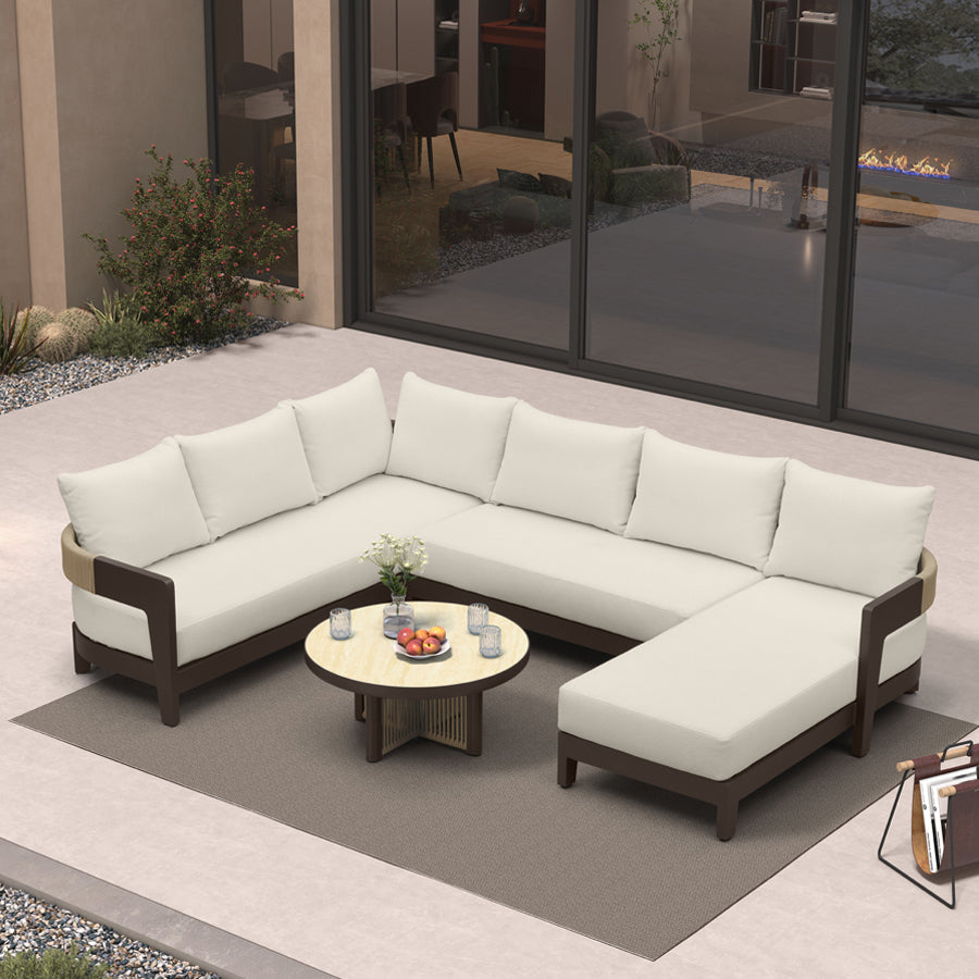 MC Tuscany U-Shaped Patio Conversation Set with Removable Cushions and Pillows Bronze Aluminum Frame Outdoor Couch Sets for Porch Yard Garden