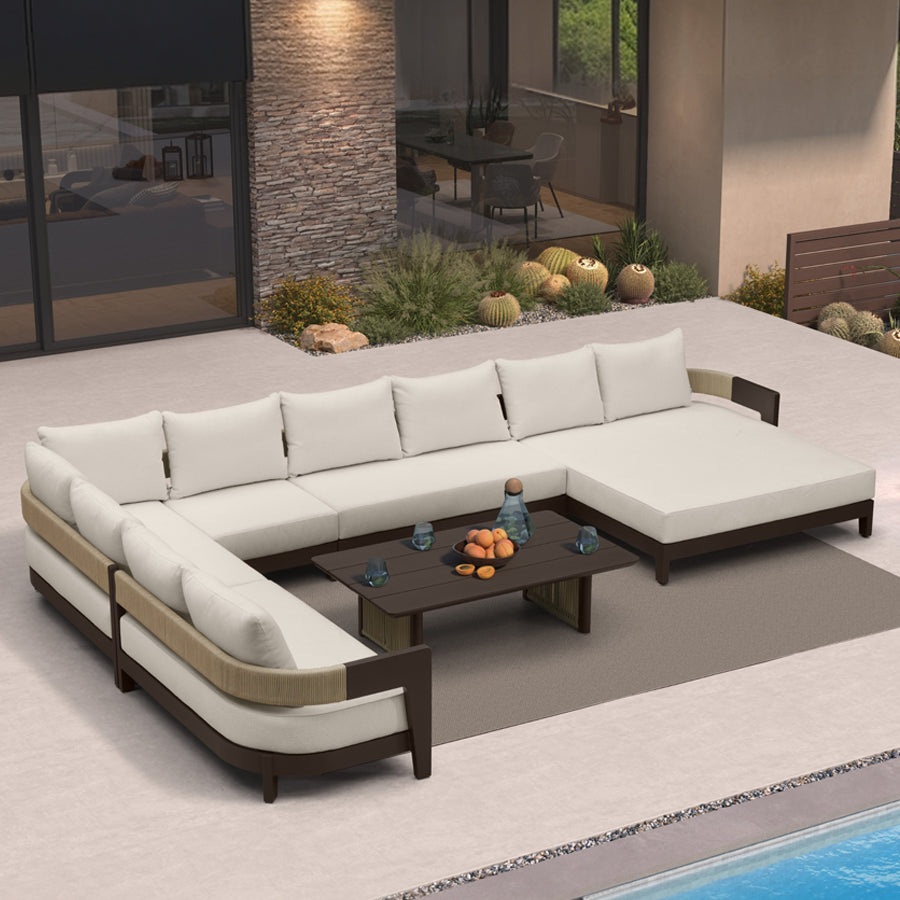 MC Tuscany U-Shaped Patio Conversation Set with Removable Cushions and Pillows Bronze Aluminum Frame Outdoor Couch Sets for Porch Yard Garden