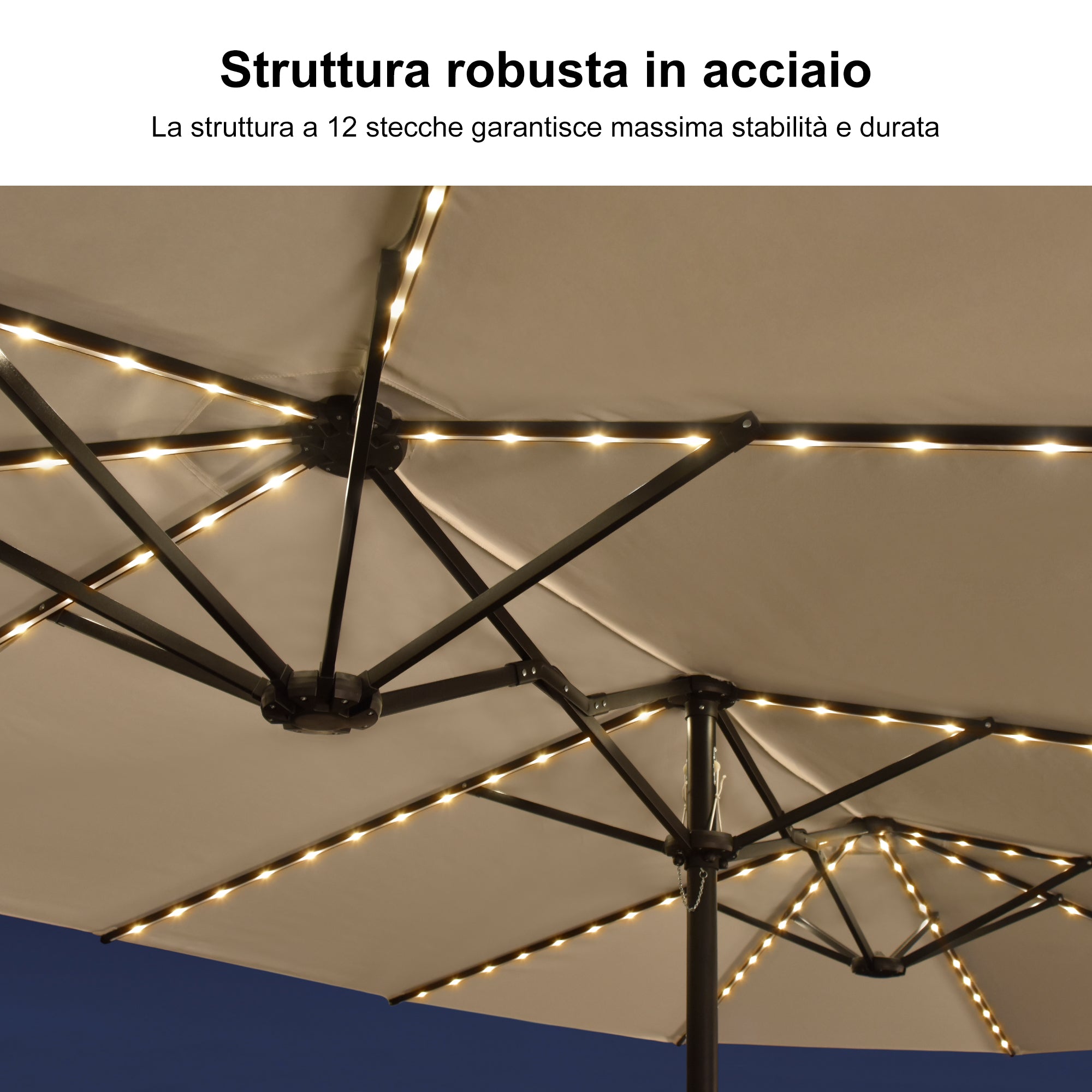 PURPLE LEAF Ombrellone doppio con illuminazione LED con base inclusa per esterni