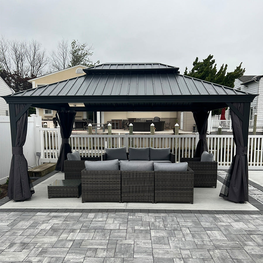 PURPLE LEAF Alluminio Gazebo Giardino con Zanzariere e Tende Tetto Doppio in Acciaio Galvanizzato, Grigio
