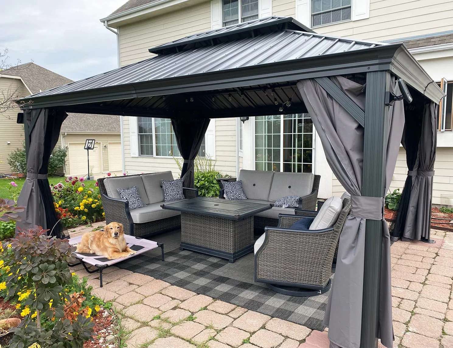 PURPLE LEAF Alluminio Gazebo Giardino con Zanzariere e Tende Tetto Doppio in Acciaio Galvanizzato, Grigio