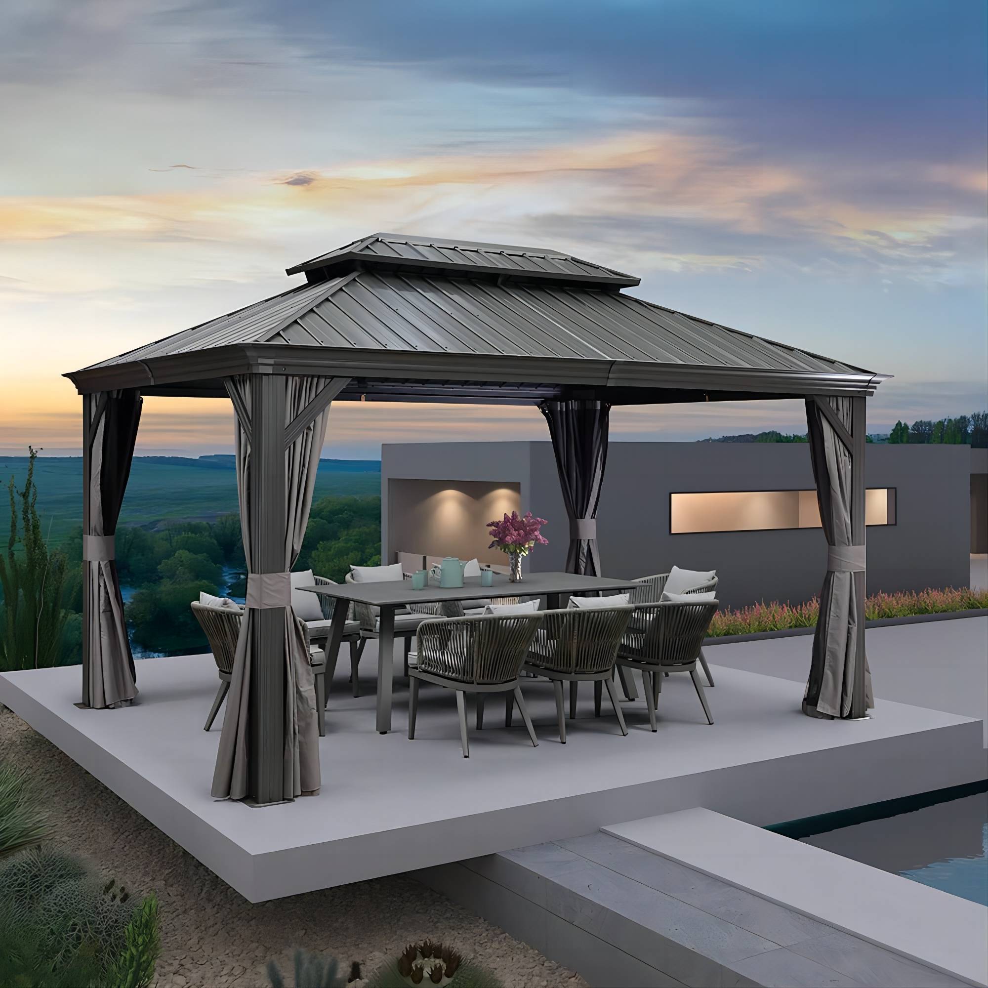 PURPLE LEAF Alluminio Gazebo Giardino con Zanzariere e Tende Tetto Doppio in Acciaio Galvanizzato, Grigio