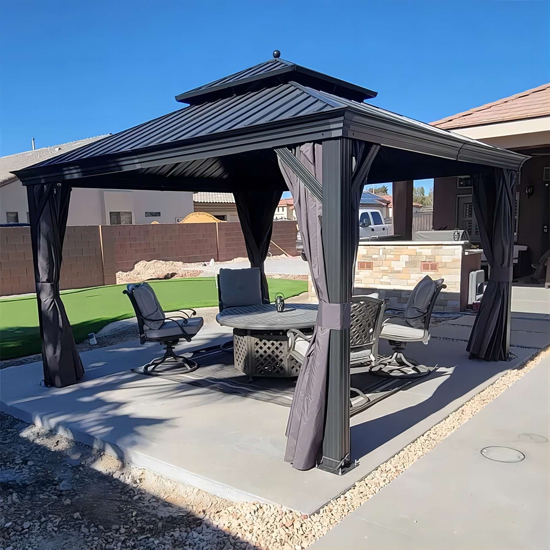 PURPLE LEAF Alluminio Gazebo Giardino con Zanzariere e Tende Tetto Doppio in Acciaio Galvanizzato, Grigio
