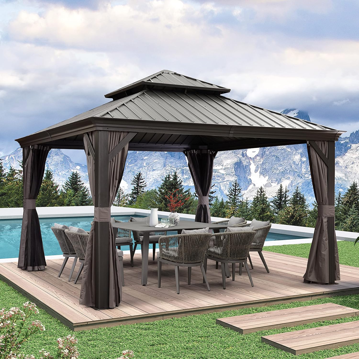 PURPLE LEAF Alluminio Gazebo Giardino con Zanzariere e Tende Tetto Doppio in Acciaio Galvanizzato, Grigio