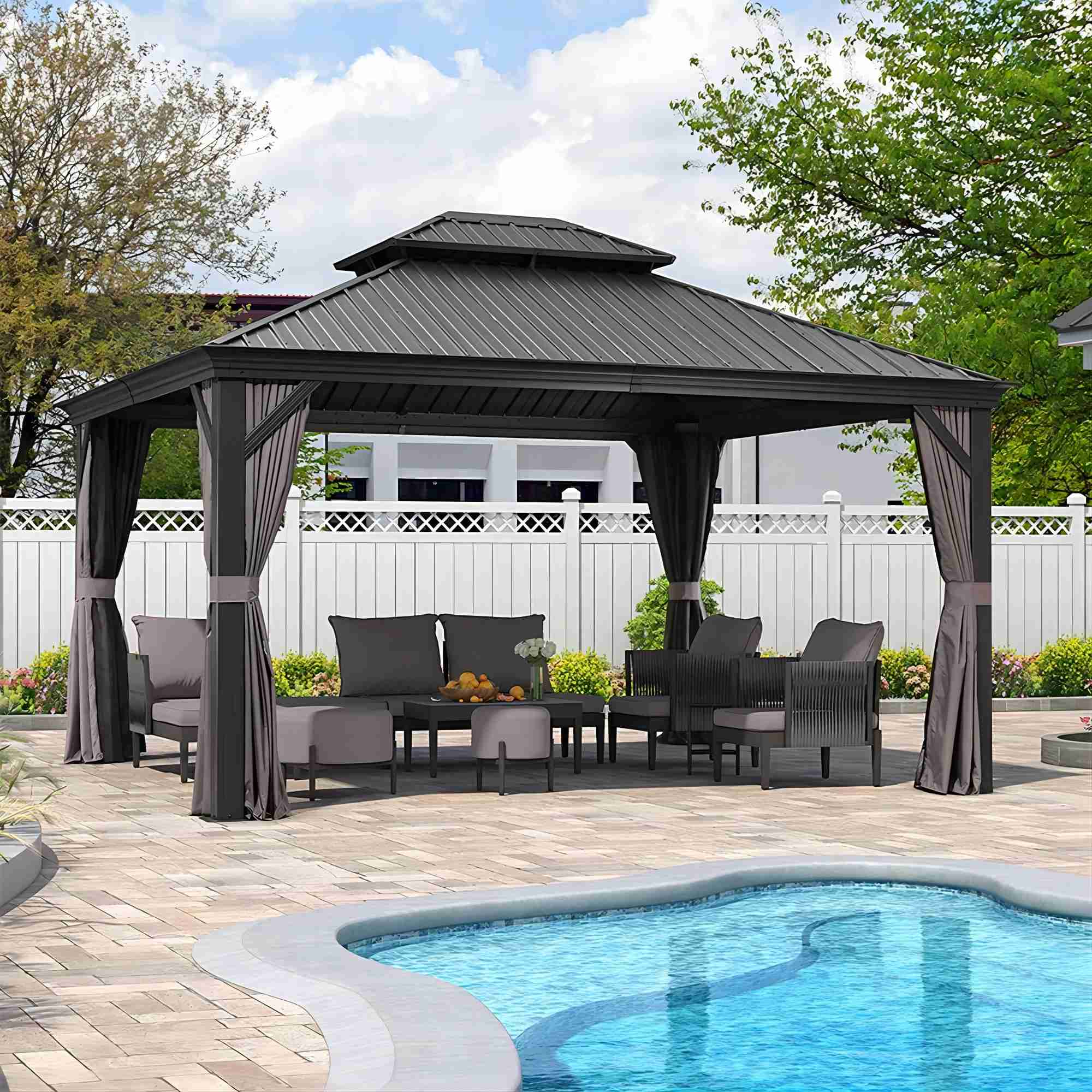PURPLE LEAF Alluminio Gazebo Giardino con Zanzariere e Tende Tetto Doppio in Acciaio Galvanizzato, Grigio