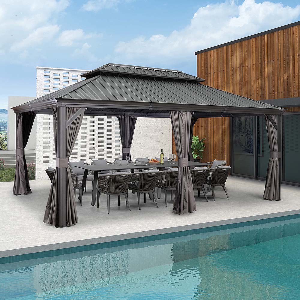 PURPLE LEAF Alluminio Gazebo Giardino con Zanzariere e Tende Tetto Doppio in Acciaio Galvanizzato, Grigio