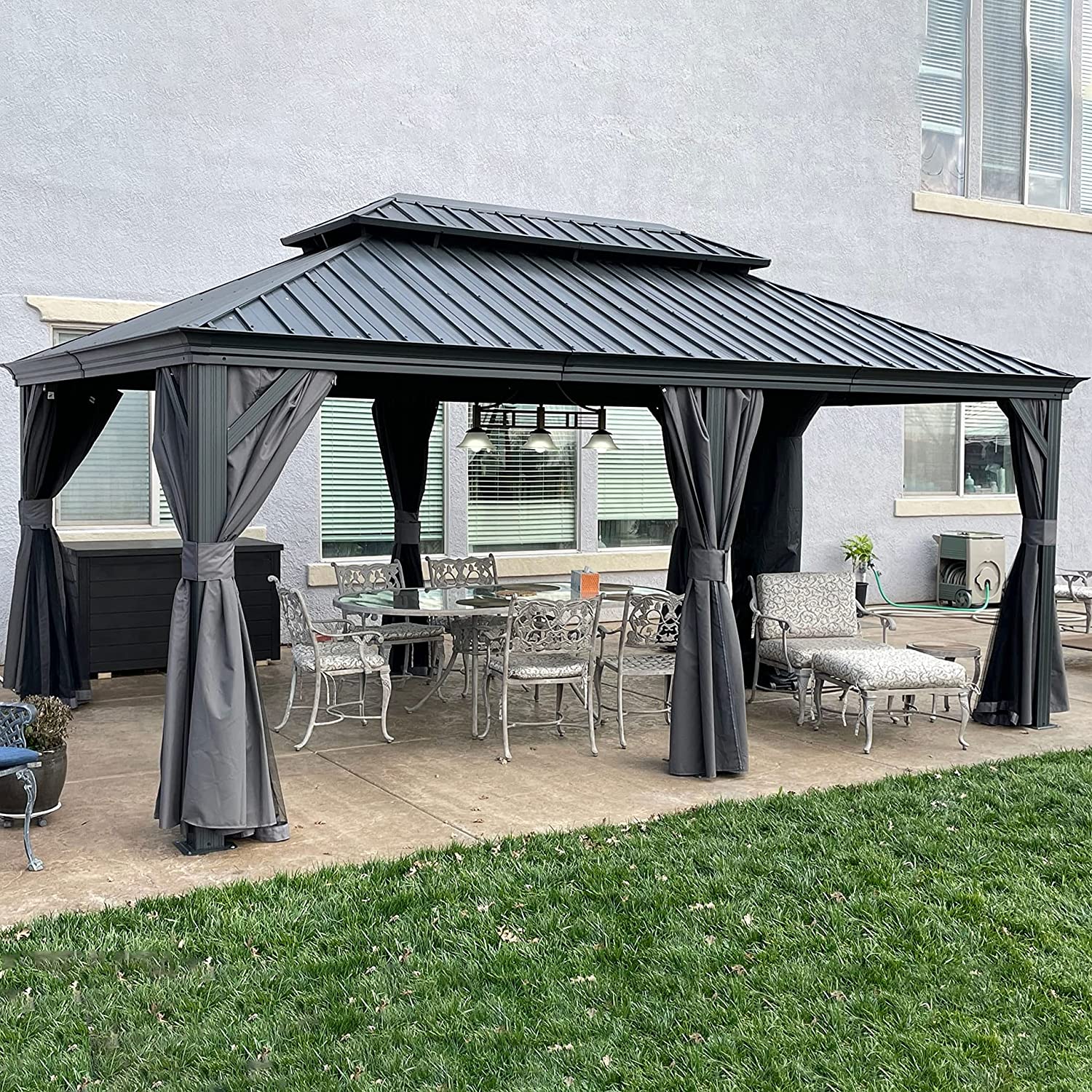 PURPLE LEAF Alluminio Gazebo Giardino con Zanzariere e Tende Tetto Doppio in Acciaio Galvanizzato, Grigio