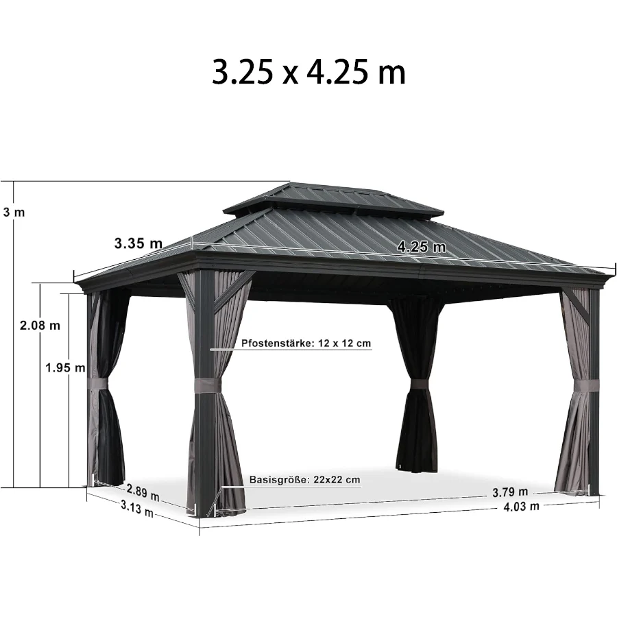 PURPLE LEAF Alluminio Gazebo Giardino con Zanzariere e Tende Tetto Doppio in Acciaio Galvanizzato, Grigio