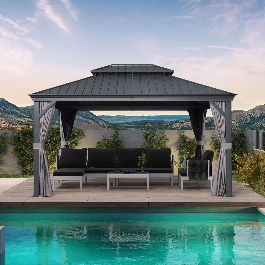 PURPLE LEAF Alluminio Gazebo Giardino con Zanzariere e Tende Tetto Doppio in Acciaio Galvanizzato, Grigio