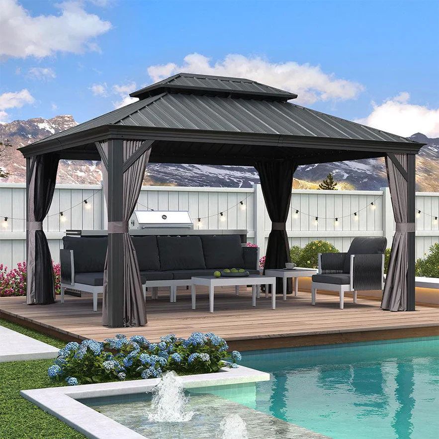 PURPLE LEAF Alluminio Gazebo Giardino con Zanzariere e Tende Tetto Doppio in Acciaio Galvanizzato, Grigio