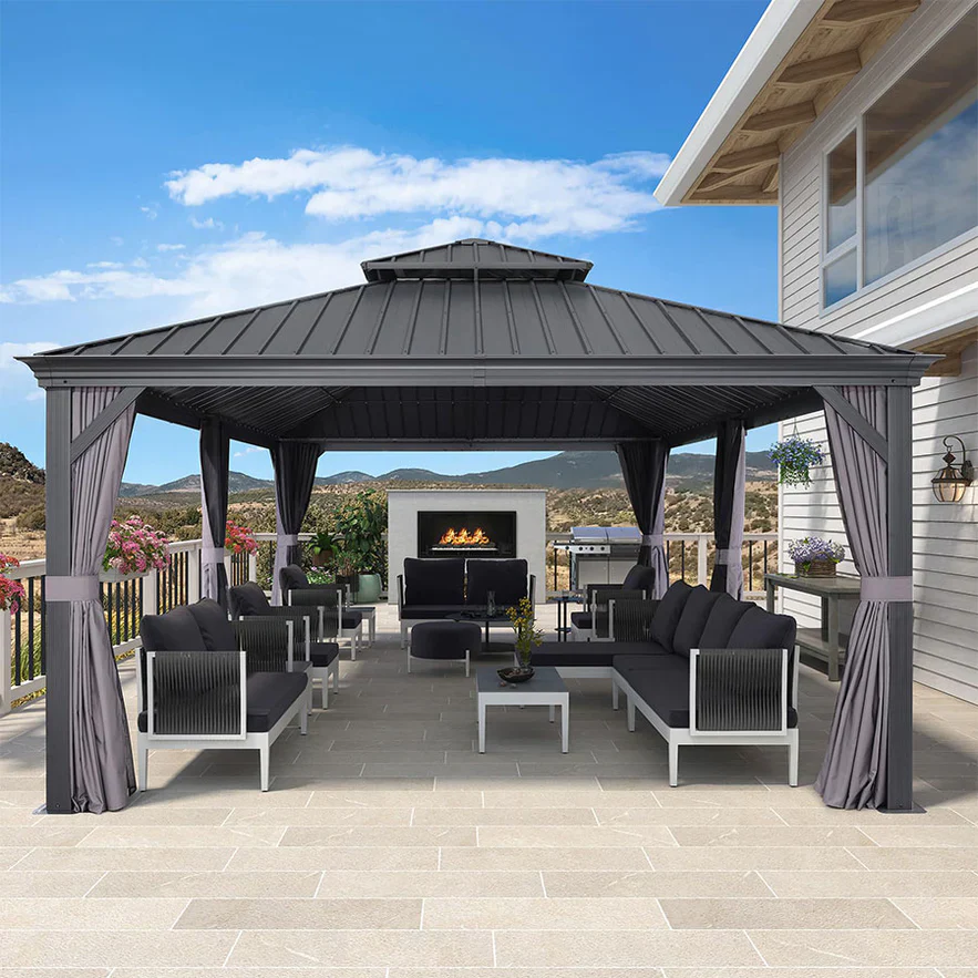 PURPLE LEAF Alluminio Gazebo Giardino con Zanzariere e Tende Tetto Doppio in Acciaio Galvanizzato, Grigio