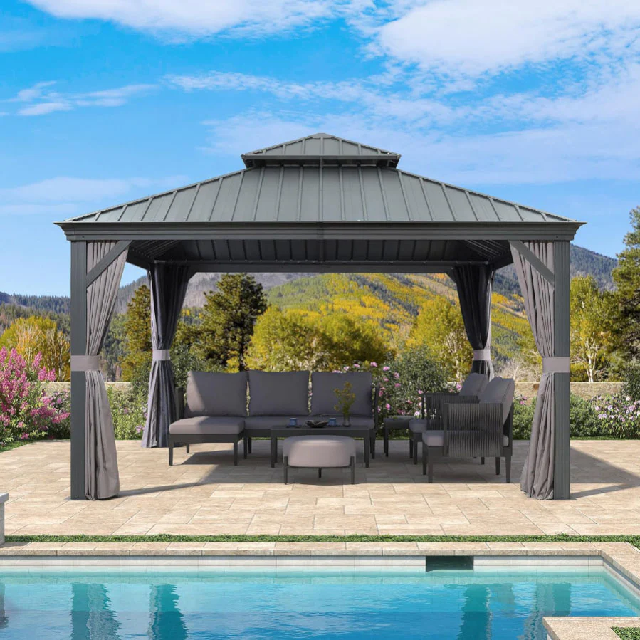 PURPLE LEAF Alluminio Gazebo Giardino con Zanzariere e Tende Tetto Doppio in Acciaio Galvanizzato, Grigio