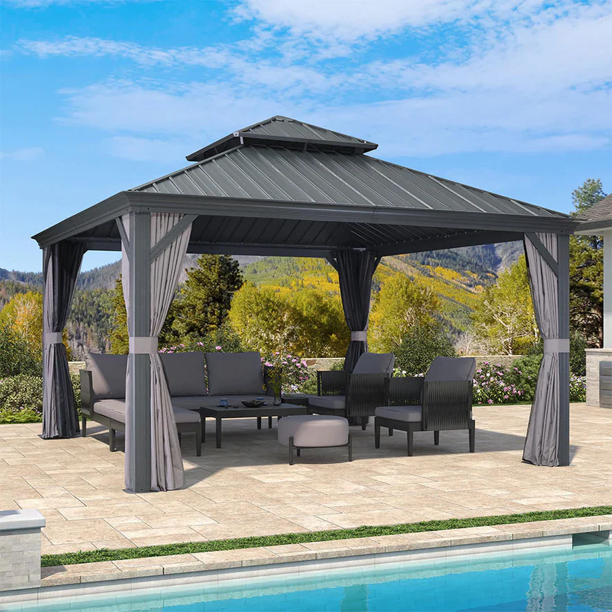 PURPLE LEAF Alluminio Gazebo Giardino con Zanzariere e Tende Tetto Doppio in Acciaio Galvanizzato, Grigio