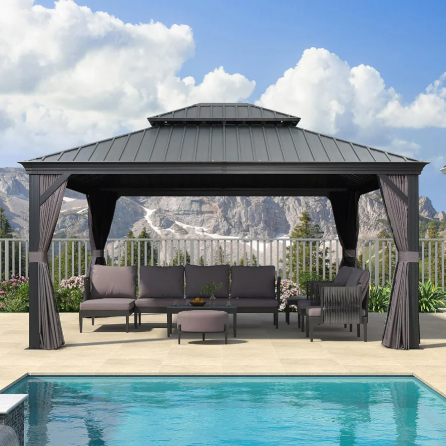 PURPLE LEAF Alluminio Gazebo Giardino con Zanzariere e Tende Tetto Doppio in Acciaio Galvanizzato, Grigio