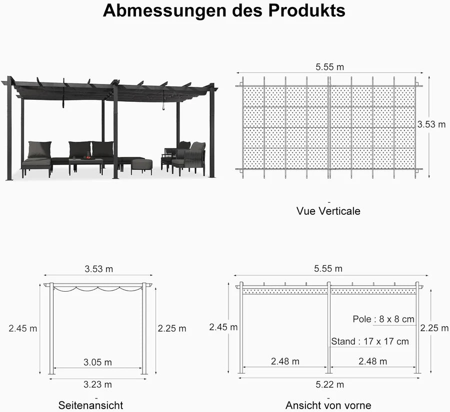 PURPLE LEAF Pergola Alluminio Pergolato da Giardino con Tetto ha Scomparsa Per Giardino Pergolati Terrazzo