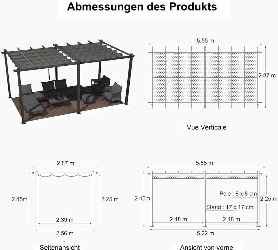 PURPLE LEAF Pergola Alluminio Pergolato da Giardino con Tetto ha Scomparsa Per Giardino Pergolati Terrazzo