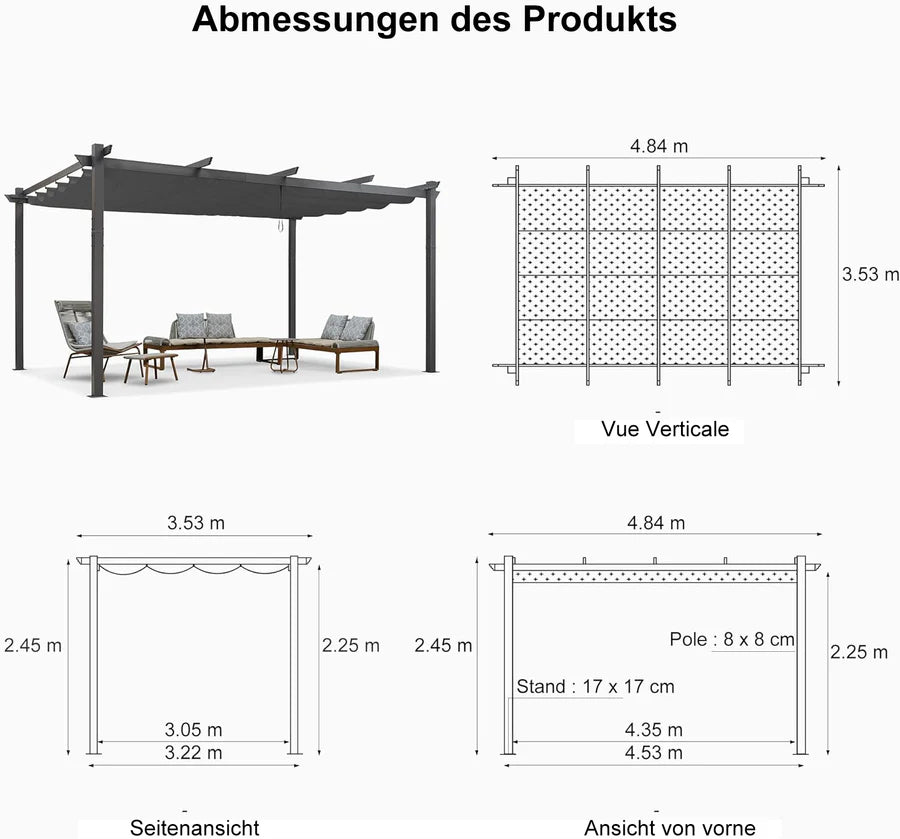 PURPLE LEAF Pergola Alluminio Pergolato da Giardino con Tetto ha Scomparsa Per Giardino Pergolati Terrazzo