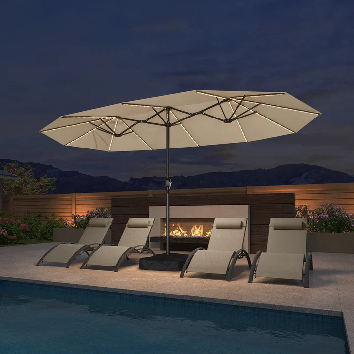 PURPLE LEAF Ombrellone doppio con illuminazione LED con base inclusa per esterni