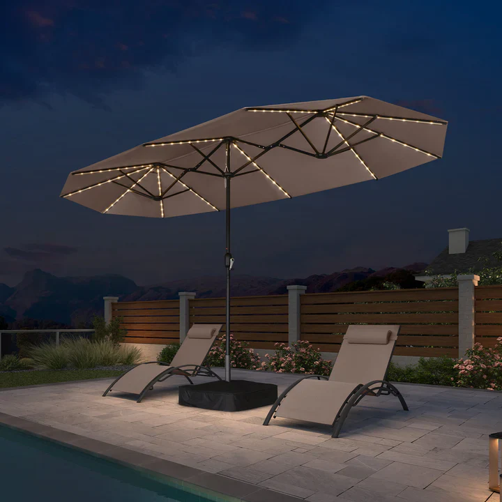 PURPLE LEAF Ombrellone doppio con illuminazione LED con base inclusa per esterni