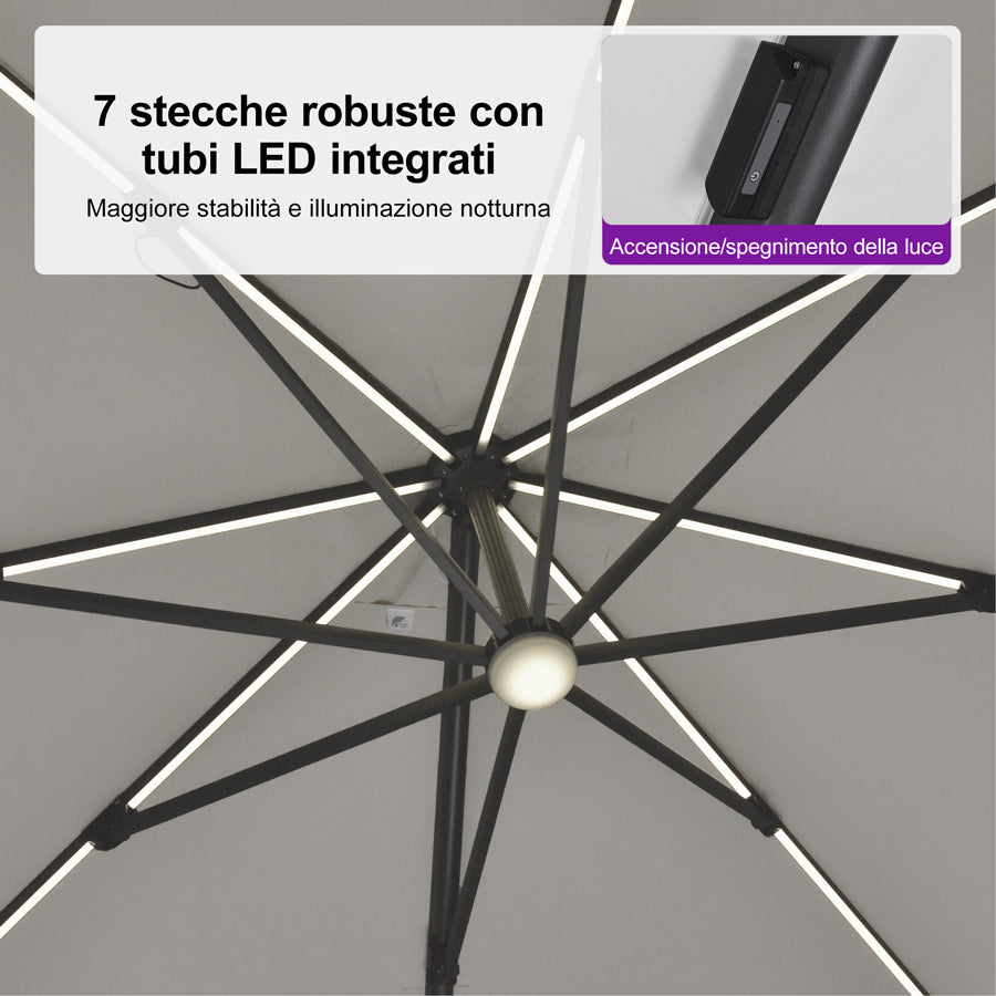 PURPLE LEAF Ombrellone da Giardino LED Quadrato 300x300 cm, Inclinabile e Girevole a 360° per Terrazza e Piscina