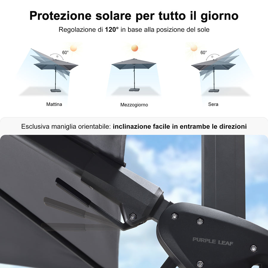 PURPLE LEAF Ombrellone da Giardino LED Quadrato 300x300 cm, Inclinabile e Girevole a 360° per Terrazza e Piscina