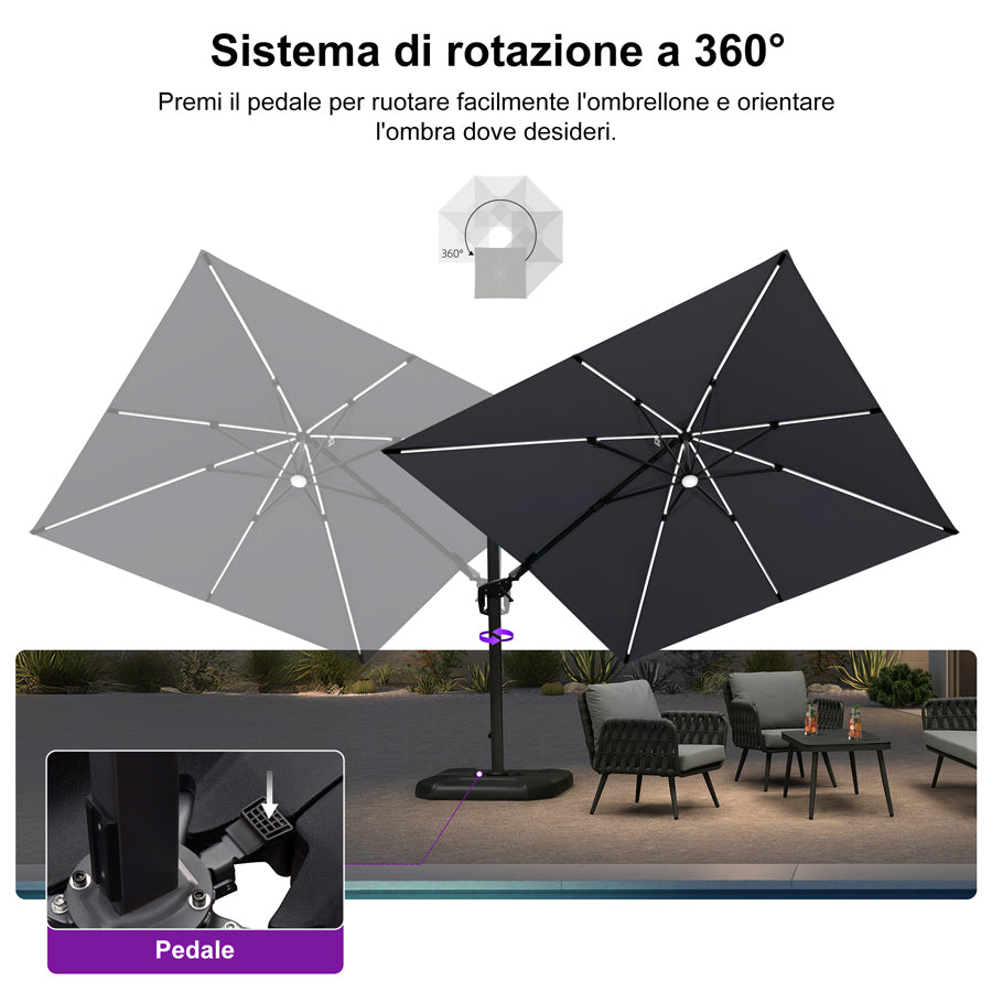 PURPLE LEAF Ombrellone da Giardino LED Quadrato 300x300 cm, Inclinabile e Girevole a 360° per Terrazza e Piscina