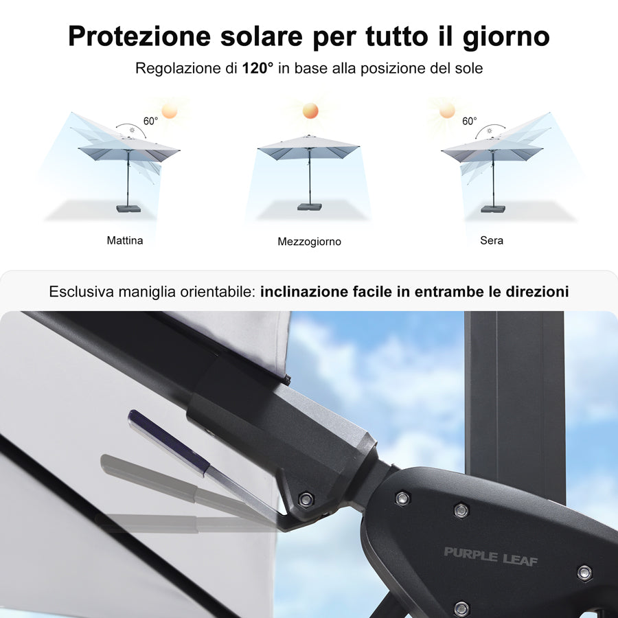 PURPLE LEAF Ombrellone da Giardino LED Quadrato 300x300 cm, Inclinabile e Girevole a 360° per Terrazza e Piscina